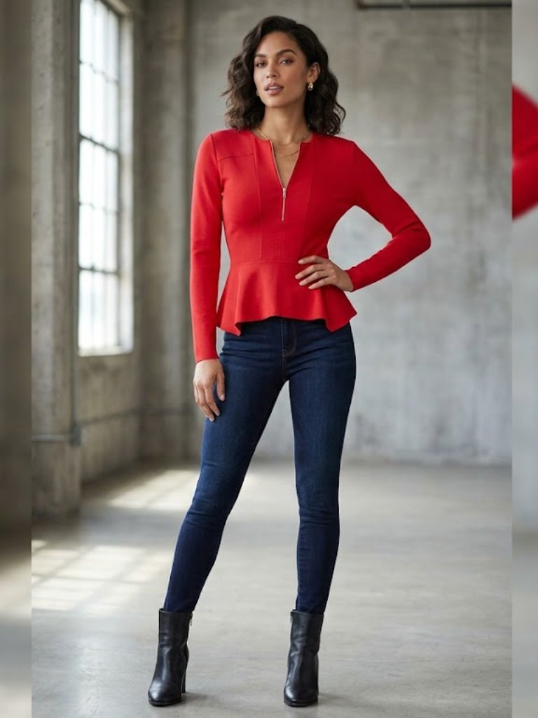 Jaynie Long Sleeve Peplum Knit Top In Rouge Red Xs